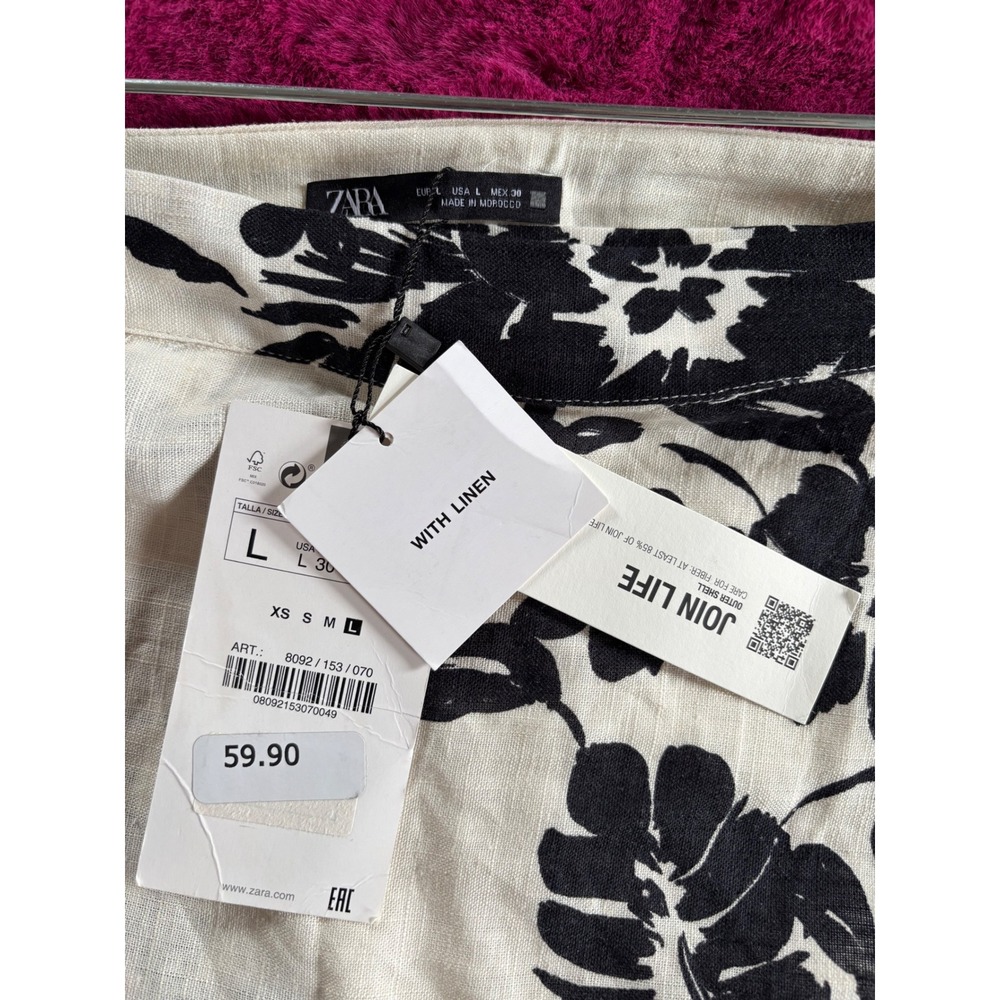 NWT* Zara Ecru-Black Floral Print Midi Wrap Skirt Linen Blend White Black Large - Picture 6 of 9